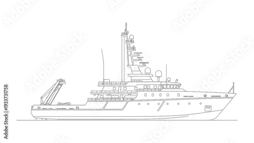 Detailed Vessel Blueprint: A meticulous line drawing reveals the intricate architecture of a sizable vessel, showcasing its navigational and operational systems.