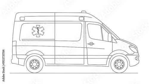 Emergency Transport Vehicle: A side view depiction of an ambulance, meticulously illustrated with clean lines, conveying a sense of urgency and medical service readiness.