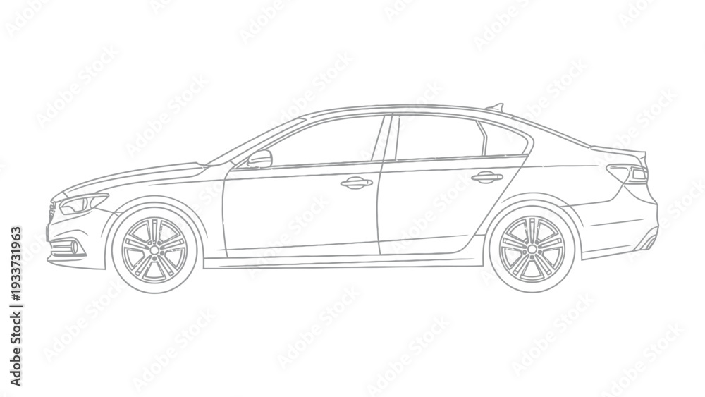 Fototapeta premium Sleek Sedan Silhouette: A detailed line drawing showcases the elegant form of a modern sedan, ideal for design and automotive concepts.