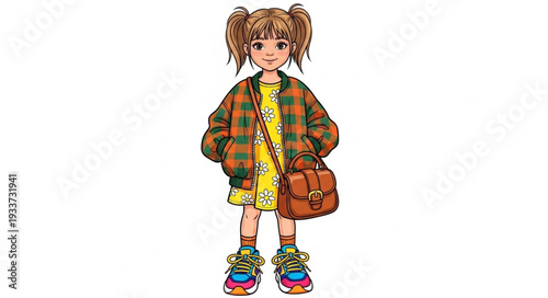 Young Girl with Pigtails and Bag.