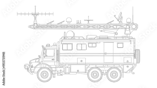 Technological Surveillance Vehicle: A detailed line drawing of a sophisticated surveillance vehicle, showcasing its advanced antennae and communication equipment, is poised for action.