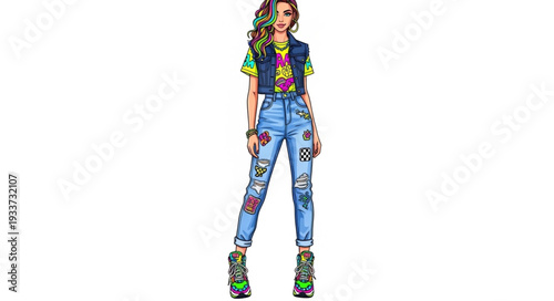 Young Woman in Colorful Outfit Standing.