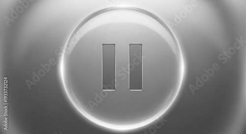 Close up of a glowing pause button icon on a metallic background.