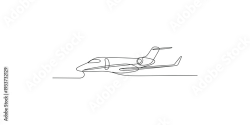 Continuous line drawing of a small private jet aircraft, symbolizing speed and modern travel