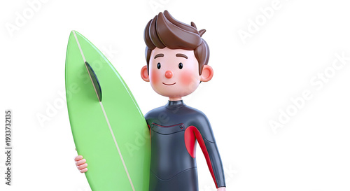3D cartoon boy in wetsuit holding a green surfboard