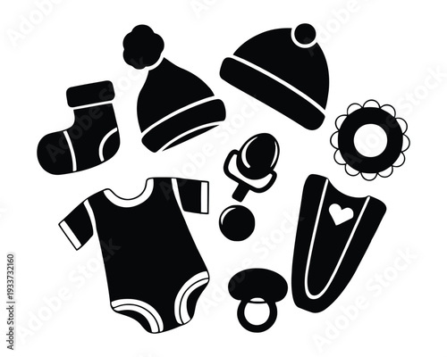 Baby silhouette Black and white silhouette baby clothing and accessories set including onesie hat socks bib and pacifier