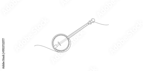 A minimalist line art depiction of a banjo, featuring its circular body and long neck with strings, against a white background