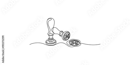 A line art illustration of two wax sealing stamps, one upright and one lying down next to a completed wax seal