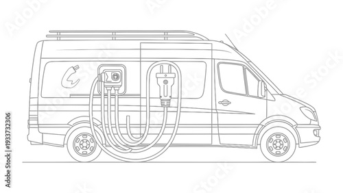 RV camper charging illustration: An RV camper is being charged by an electric vehicle charger with multiple hoses and cables, showing a clean energy charging solution.