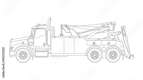 Tow Truck Outline: A detailed line drawing of a powerful tow truck, showcasing its robust design and the intricate mechanics essential for recovery operations.