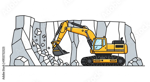 Yellow Excavator Digging Rock Quarry.