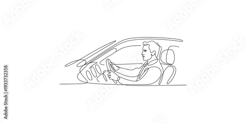 Line drawing illustrating a driver inside a car with multiple airbags deployed for crash protection