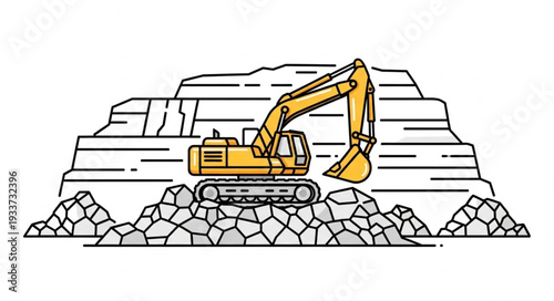 Yellow Excavator on Rocky Terrain.