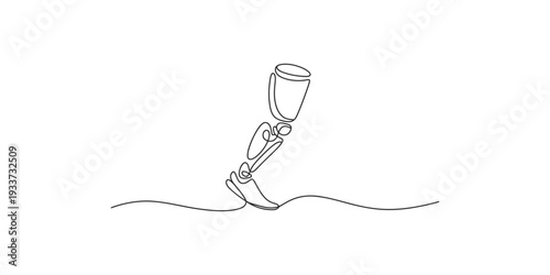 A continuous line drawing illustrating a prosthetic leg in motion, taking a step forward