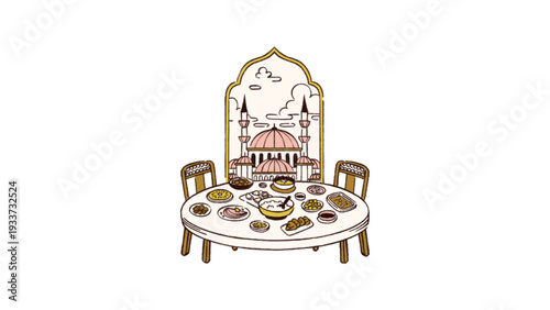 Arabic Iftar Dinner Table with Food and Mosque Background