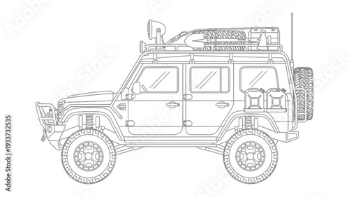 Adventure-Ready Vehicle: A detailed illustration of a rugged vehicle, perfectly equipped for any off-road adventure, showcasing its robust design and preparedness.