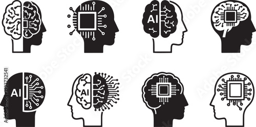 A set of vector line art illustrations depicting human heads with artificial intelligence and computer chips in silhouette
