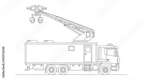 Mobile Surveillance Vehicle: Detailed illustration of a mobile surveillance vehicle, equipped with advanced monitoring technology, showcasing innovation in security and surveillance.