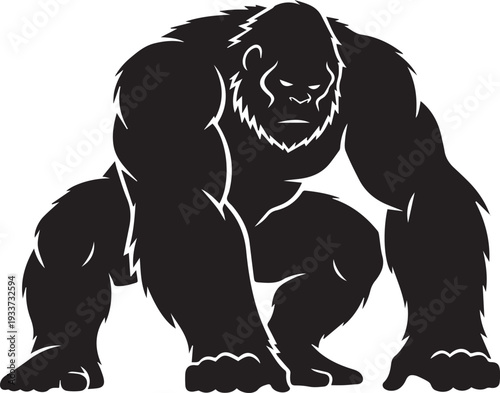 Powerful and imposing silhouette of a large, muscular ape-like creature, depicted in a crouched, ready-to-act pose, evoking a sense of strength and mystery, suitable for various design projects