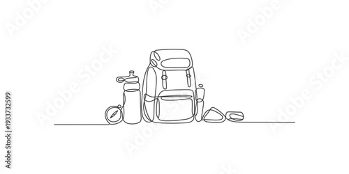 A continuous line drawing illustrating essential hiking gear, including a backpack and water bottle
