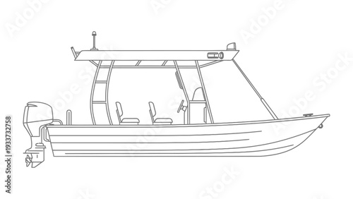 Boat in Monochrome: A detailed monochrome illustration of a boat, perfect for technical diagrams and design projects. The image highlights the intricate details of the vessel, including the motor.