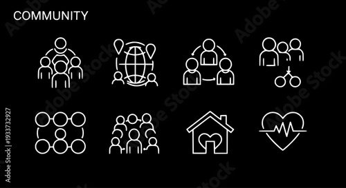 Community and Social Connection Vector Icons Set: Global Network, Teamwork, Collaboration, Family, Home, and Health Concepts on Black