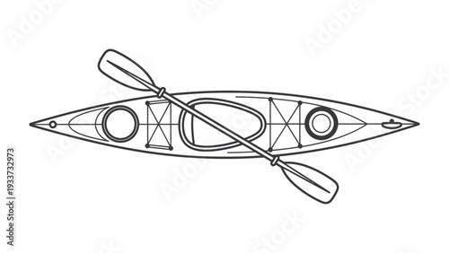 Kayaking Adventure: Overhead illustration of a kayak, meticulously designed with a double-bladed paddle lying across the vessel, inviting thoughts of adventure and aquatic exploration.