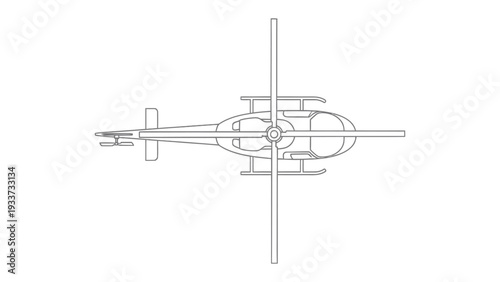 Aerial View of a Helicopter: A detailed line drawing offers a top-down perspective of a sleek helicopter, revealing its intricate design and components.