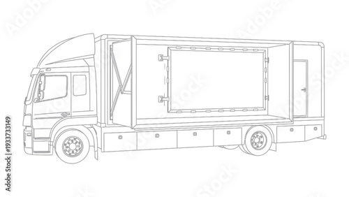 Logistics Conveyance Blueprint: A detailed outline of a large commercial truck, designed for efficient goods transport, showcasing its cargo area.