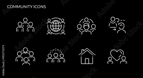 Community Icons: Social Networking, Global Connection, Family, and Team Line Art Vector Set