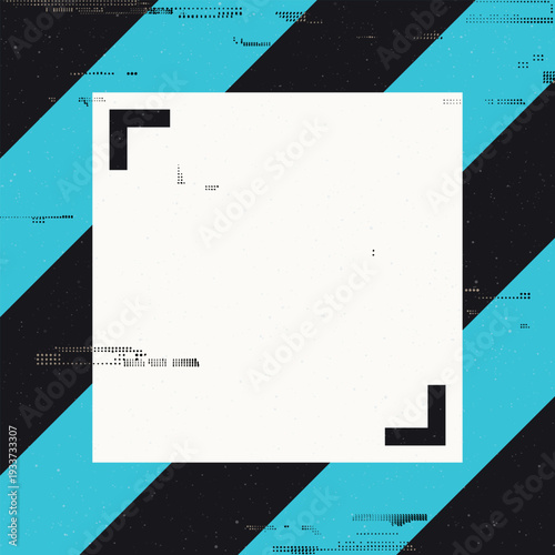 Fluorescent blue and black diagonal striped rough texture background with white square frame have ink stains from risograph defect printing