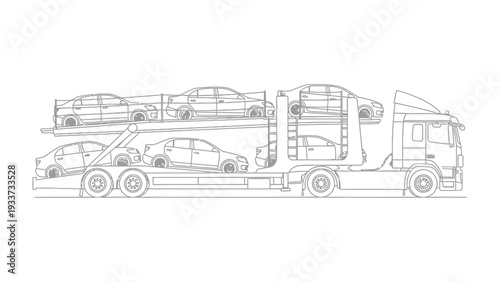 Automobile Carrier Truck: A detailed line drawing shows a modern automobile carrier truck laden with new cars, ready for transport.