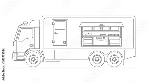 Mobile Kitchen: A detailed illustration of a fully-equipped mobile kitchen, ready to serve culinary delights on the go. 