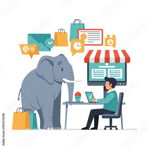 Cartoon Elephant Standing Near Working Man.