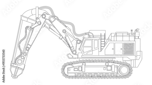 Heavy Excavator Outline: A detailed outline of a heavy excavator, showcasing its robust structure and intricate design, ready for construction tasks.