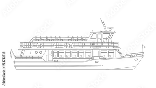 Elegant Vessel Outline: A meticulously detailed outline of a passenger vessel, ideal for transportation and travel themes, set against a pristine backdrop.