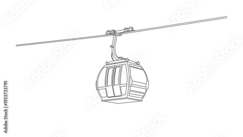 Cable Car Journey: A detailed illustration of a cable car, suspended mid-air on its connecting cables, inviting viewers to explore the serene environment of a mountainous landscape.