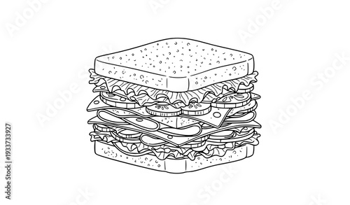 Black and White Line Art Club Sandwich Vector with Ham Cheese and Vegetables