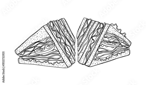 Professional Black and White Club Sandwich Outline Vector for Menu and Food Branding