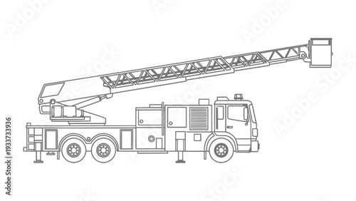 Fire Truck Ladder: A detailed black and white illustration of a fire truck extending its ladder, showcasing engineering and emergency response capabilities.