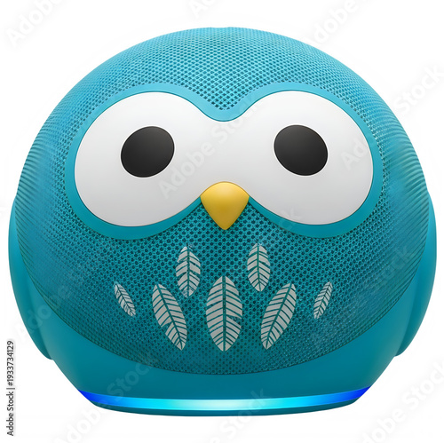 Cute blue owl shaped smart speaker virtual assistant device designed for kids and children on transparent background.