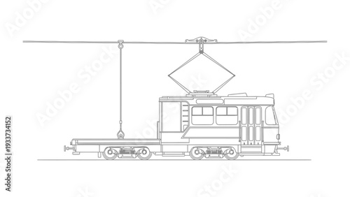 Vintage Trolley Illustration: A detailed line drawing of a classic trolley car. Showcasing its design and functionality, perfect for transport enthusiasts.