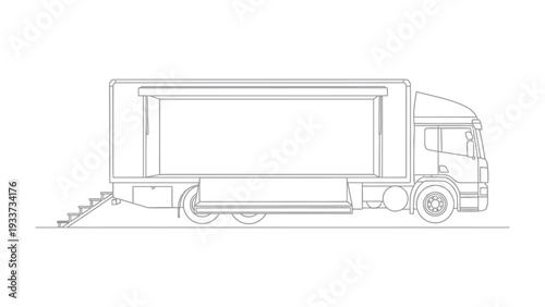 Mobile Stage Truck Outline: A precise line drawing of a mobile stage truck, designed for outdoor event setup, showcasing functionality and minimalist design.