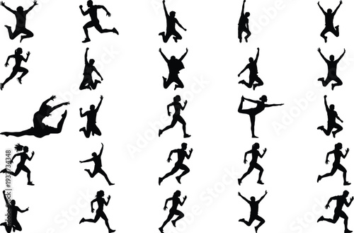 Set of black human silhouettes showcasing various actions like jumping, running, and yoga poses, representing health, activity, and a dynamic lifestyle.