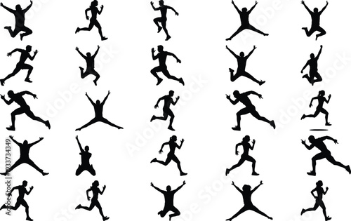 Diverse group of black silhouettes in dynamic poses, including jumping, running, and yoga, symbolizing activity, fitness, and a vibrant lifestyle.