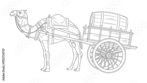 Desert Caravan: A detailed outline showcases a camel pulling a traditional wooden cart, laden with a barrel, ready to traverse the arid lands.