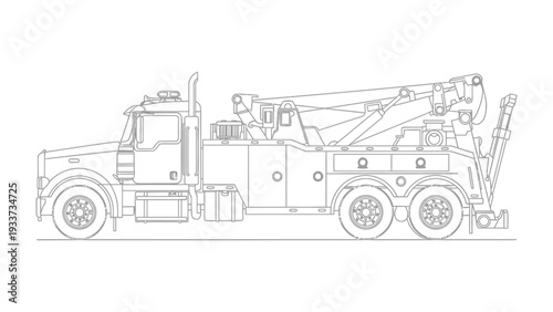 Line Art Tow Truck: Detailed line art of a heavy-duty tow truck, highlighting its robust design and intricate mechanical components against a neutral backdrop.