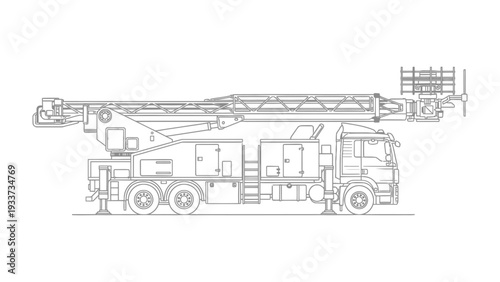 Emergency Vehicle: Detailed line art of a state-of-the-art fire truck with an extended ladder, a symbol of preparedness and swift response.