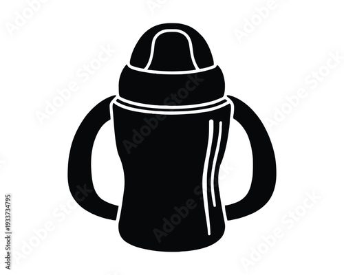 Baby silhouette Black and white silhouette of a sippy cup with handles and a spout lid monochrome
