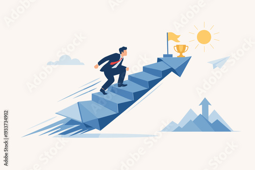 Ambitious businessman running up stairs shaped like a rising arrow towards a gold trophy and flag. Concept of rapid career growth, fast success, achievement, motivation, and reaching business goals.
